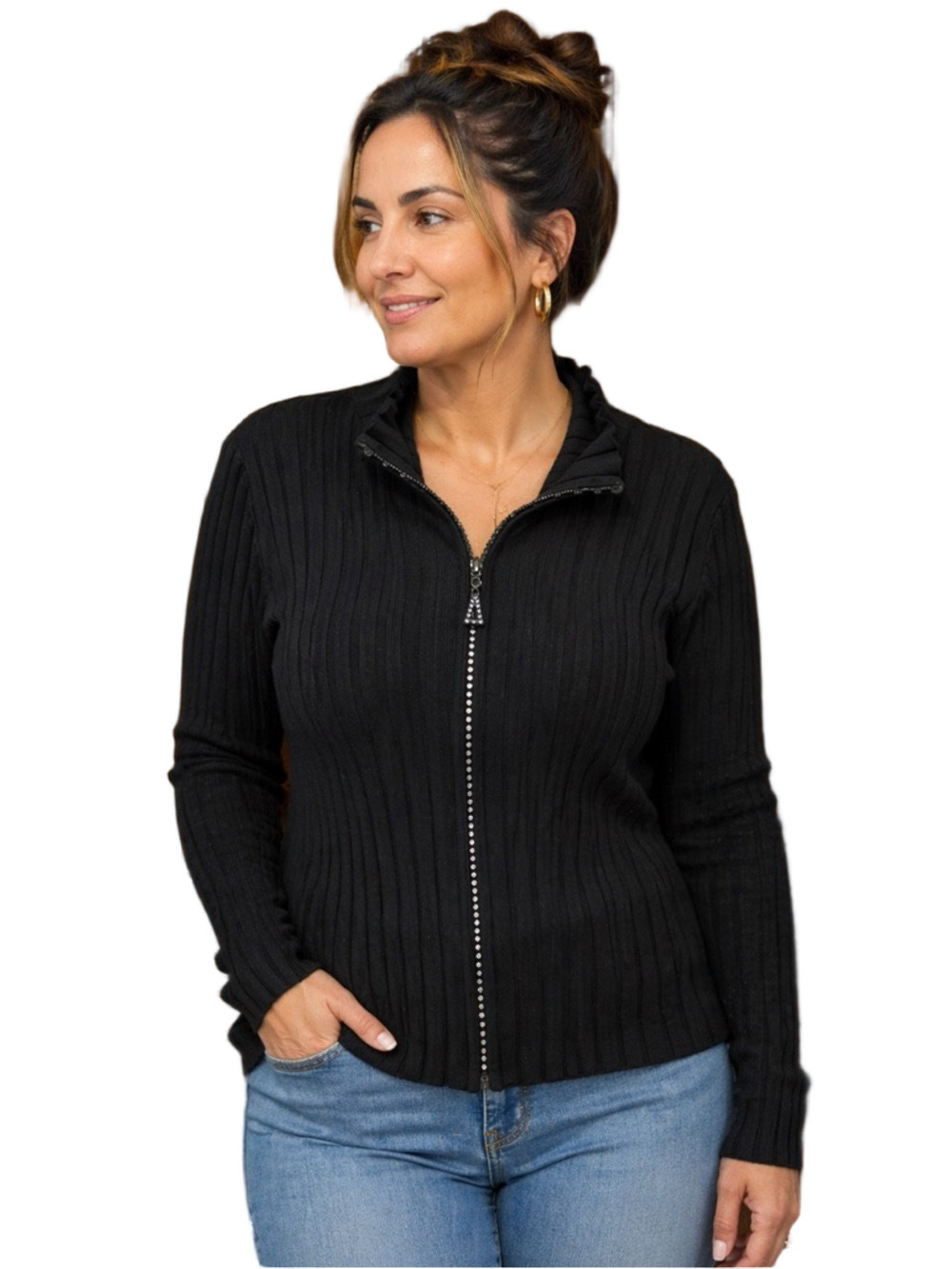 Belldini Black Ribbed Zip-Front with Crystal Detail Long Sleeve Cardigan Size L